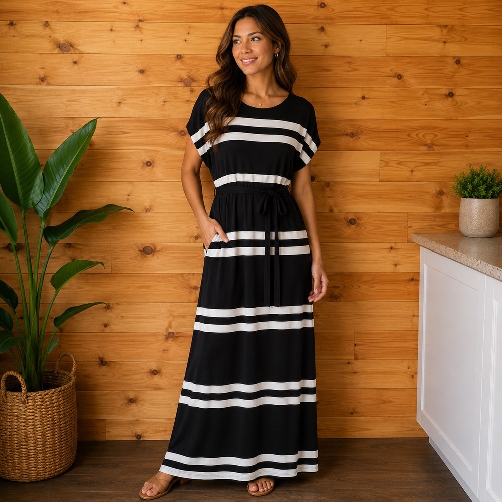 Maurices Black Maxi Dress with White Stripes